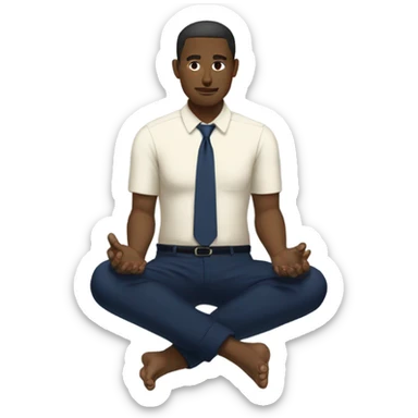 man meditating sitting down with cream dress shirt and navy blue pants . no tie sticker