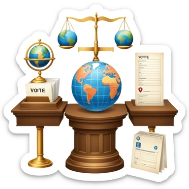 An icon featuring a podium with a speaker, a ballot box with a voting slip, and a globe, symbolizing political science. The design includes scales of justice and a world map in the background, representing governance and global politics. Transparent background highlights political analysis. sticker