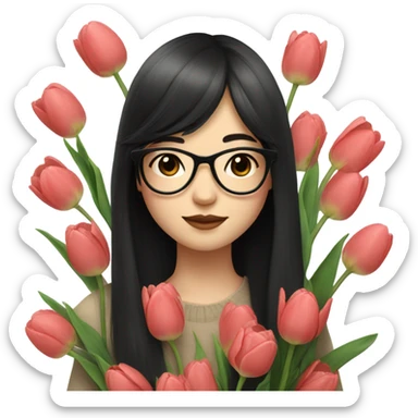 asian pale skin girl with long black hair and bangs and glasses holding tulips sticker
