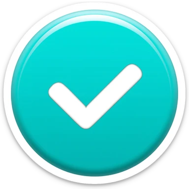 Minimalist emoji icon, bright turquoise circular button with a white check mark symbol in the center, flat design, soft gradient, glowing edges, modern app UI style, centered, high resolution, clean vector graphic. sticker