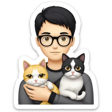 A young man with a long face and warm yellow-toned skin, black hair, wearing a pair of black glasses, cradling a grayish-white cat sticker