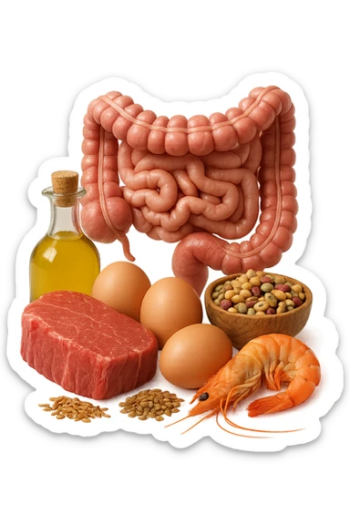 carne, uova, semi oleosi, legumi, crostacei insieme ad INTESTINO umanO realisticO, iperrealistici 4k sticker