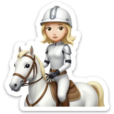 Girl with blonde hair riding a white horse with a helmets  sticker