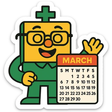 cheerful math mascot with glasses, green clothing, and March calendar details sticker