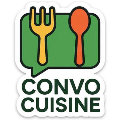 green playful logo for Convo Cuisine recipe book with chat bubble and utensils sticker
