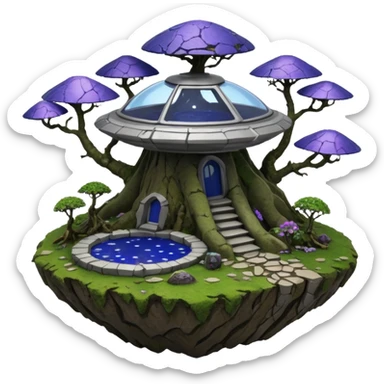 Crashed Alien saucer-castle jungle winding trail mountainside getaway haunted nighttime hobbit landscape antique mudman very old broken cracked intricate Stone Age lapis-crusted irregular dodecagon-shaped shallow dark moss rough bark violet flowered maple treehouse bonsai Saikei coffee table  sticker