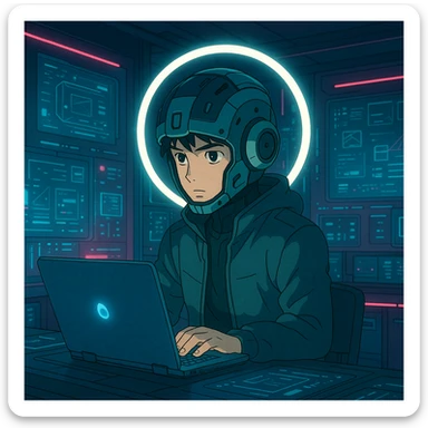 ghibli style futuristic tech boy with robot helmet, glowing white circle, high-tech laptop, neon cyberpunk room, holographic displays, focused, mysterious sticker