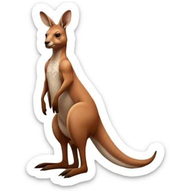 Full-body Australian Kangaroo – Cinematic-realistic Australian kangaroo, standing tall with powerful hind legs and a muscular tail for balance. Its reddish-brown fur glows under the golden sunlight, ears perked and eyes alert. The rugged outback stretches behind it, with dry grass and scattered eucalyptus trees completing the iconic scene. sticker
