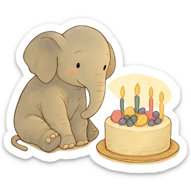 elephant beside one colorful candle-lit fruit cake, soft Ghibli style sticker