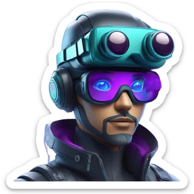 Secret humanoid agent in a futuristic hat with in Apple VR goggles headset code display on the goggles , cyberpunk, cyan and purple colors, only upper body portrait, front facing the camera  sticker