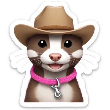 Ferret on a pink leash wearing a cowboy hat sticker