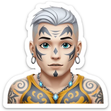 white skin Rock-style man — piercings, glowing tattoos on face sticker