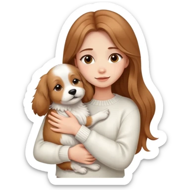 a girl with long light brown hair, in a white sweater, hugs a cute one dog. sticker