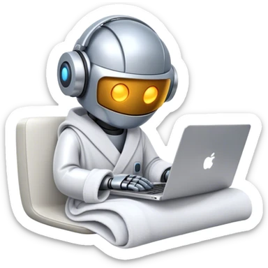 Emoji of a remote-working robot in a cozy bathrobe with a laptop. The robot has a sleek helmet-like head with glowing digital eyes. Relaxed yet high-tech vibe. sticker