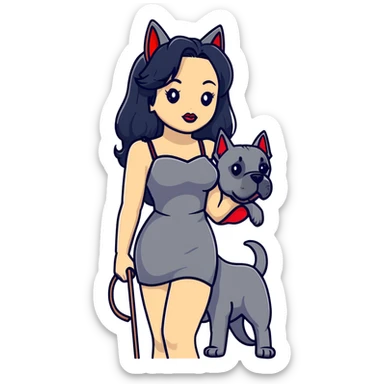 Fashionable woman in sling dress with long black hair, big red lips, and Cane Corso dog ears and short tail sticker