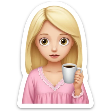 A blonde woman in a pink nightgown with wide eyes looks for coffee. sticker