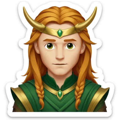 Loki, God of Mischief from Gods and Goddesses with long reddish blonde hair, gold and dark green outfit sticker