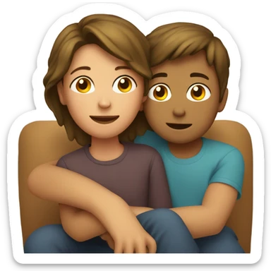 A boy and a mum hugging on a sofa realistic  sticker