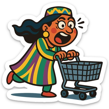 cartoonish Uzbek woman with a shopping cart, exaggerated emotions sticker