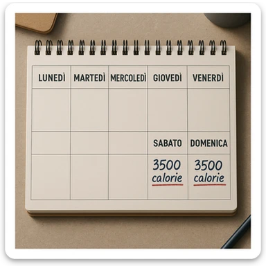 Hyperrealistic top-down view of a weekly calendar in Italian, showing days from Monday to Sunday. Only Saturday and Sunday have the text '3500 calorie' underlined in red below, with no red circle on Friday. 4K details, desk atmosphere. sticker
