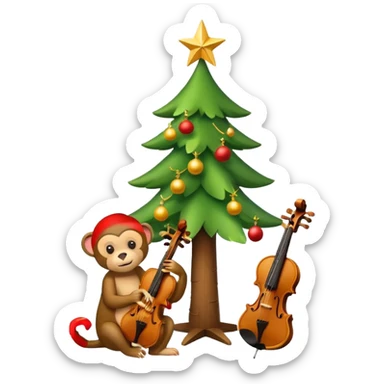 A cute, minimal emoji-style Christmas tree with a bright green triangular shape decorated, a wooden violin replacing the trunk, and a small playful monkey sitting at the very top carefully placing a golden Christmas star sticker