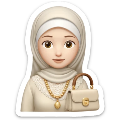female memoji character, iPhone style, wearing white hijab, white lace top, pleated long skirt, cream handbag with gold chain, soft 3D shading, cute expression, no background, transparent PNG sticker