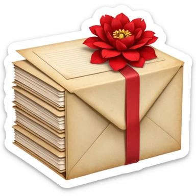 A beautifully arranged Stack of aged letters, tied with a red ribbon, envelopes, corespondence, aesthetic, red flower petals around, mails sticker
