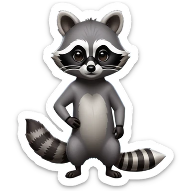 Cinematic-Raccoon-Realistic-Full-Body-Standing-Emoji – Tail flicking lazily, head tilted dramatically, thick grey fur with a signature black mask, sharp and alert ears, simplified yet realistic focused features, highly detailed, glowing with an almost sarcastic glow. sticker