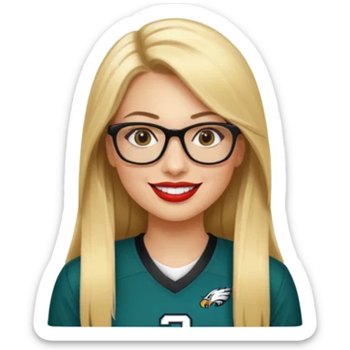 long blonde straight hair, black small glasses, smiling, lipstick, full length eagles football uniform, 33 sticker