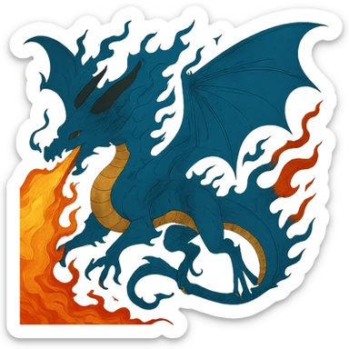 Add a dramatic fiery breath effect to this flying blue dragon, keep the style of the original image, no background. sticker