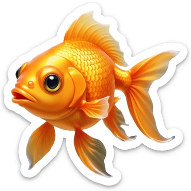 Cinematic Cute Orange Goldfish Portrait Emoji, Head tilted playfully and inquisitively, featuring a glossy, vibrant orange body with delicate, flowing fins, round, sparkling golden eyes filled with curiosity, Simplified yet irresistibly adorable features, highly detailed, glowing with a warm, friendly glow, high shine, affectionate and lively, stylized with a touch of whimsy, bright and endearing, soft glowing outline, capturing the essence of a mischievous yet loving goldfish, so playful it feels like it could swim out of the screen and into your heart! sticker