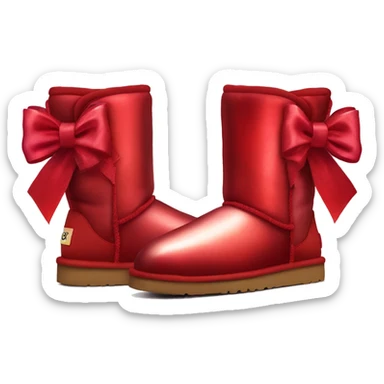 Pair of iridescent red Ugg fur boots with red silk ribbon bows. sticker