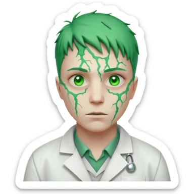laboratory mutant portrait, head and shoulders only, glowing green veins, torn lab coat collar, mutated eyes, sci-fi experiment vibe, 3D cartoon, mobile game icon style, clean background, no text, no watermark

 sticker
