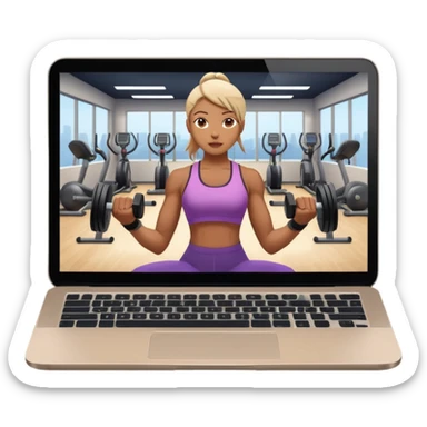 Open laptop on a dark background, showing a fitness trainer inside a modern professional gym on the screen— smooth rounded edges, soft lighting, no text or logos, minimalistic and high-quality rendering. Only the laptop is visible, centered sticker