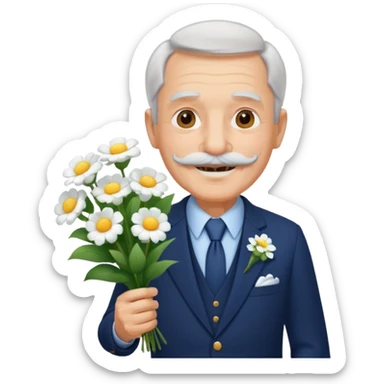 homme âgé en costume bleu foncé souriant avec moustache portant un bouquet fleurs blanche  sticker