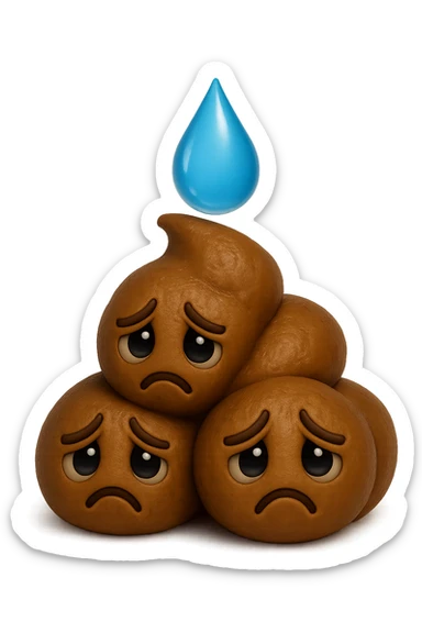 emoji stile iphone di una montagnetta di feci umane realistiche a palline tristi con sopra un simbolo delle gocce di acqua, iperrealistico 4k sticker