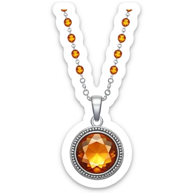 extreme close up of a round cut holographic amber charm with silver metal accent and beaded chain sticker