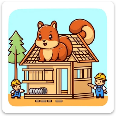 squirrel hut under construction with four workers sticker