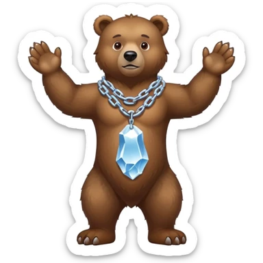Complete full-length view of serious brown bear standing on four paws, showing entire body from nose to tail, with ice chain around neck sticker
