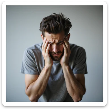 realistic 30-year-old man with acute anxiety, curled posture, vacant stare, trembling hands, neutral background sticker