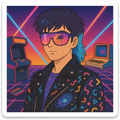 80s retro-futurism male portrait with mullet haircut with neon blue tips, airbrushed sunglasses with pink-purple gradient and palm/sunset reflection, leather jacket with lightning, cosmic, and Memphis Design patterns, neon gradient background with perspective grid, laser beams, cassettes, arcade games, Commodore 64, MTV-era palette sticker
