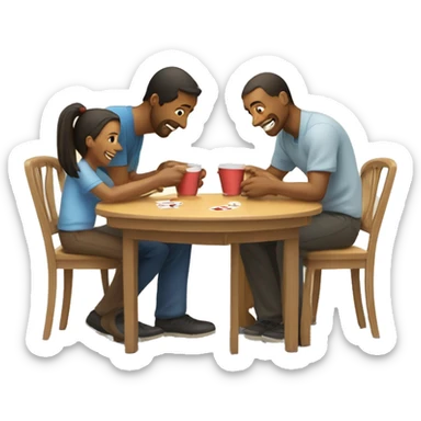 An emoji of a family—mother, father, and child—sitting at a table, playing a cup game with paper cups arranged on the table as they have fun together sticker