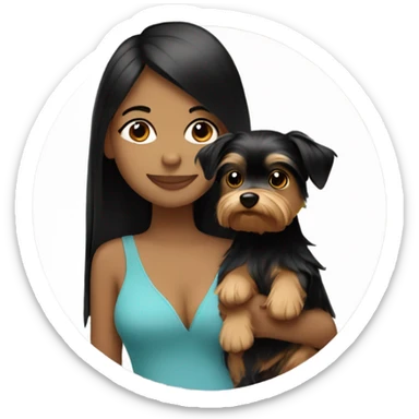 Tan girl with black straight hair hugging a Yorkie  sticker