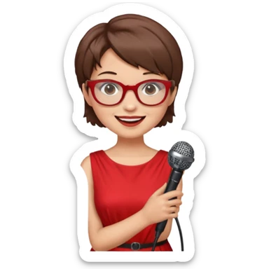singer, Old, brown short hair, holding mic, red dress, glasses sticker