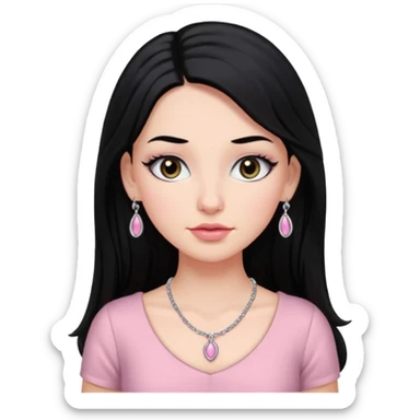 Menina branca ,cabelos pretos longos, olhos pretos puxados para cima. Cílios longos, lábios grossos ,nariz pequeno ,vestido rosa claro de alça. Colar e brinco bem pequeno sticker