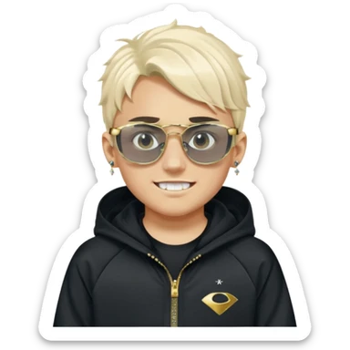 un emoji de un chico emcapuchado blanco, dientes de oro, com uma chaqueta negra nike tech y unas gafas de oakley, con pendientes de diamante, que las gafas sean estilo cuadradas, los pendientes q no se cuelguen, que sean redondos, en las dos cejas un corte, que las gafas no sean circulares sticker