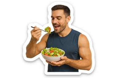 uomo fitness che mangia insalata accanto a uomo identico esteticamente che corre, iperrealistici 4k sticker