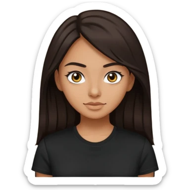 this woman with dark long brown hair and dark eyes, olive tan skin and black tshirt sticker