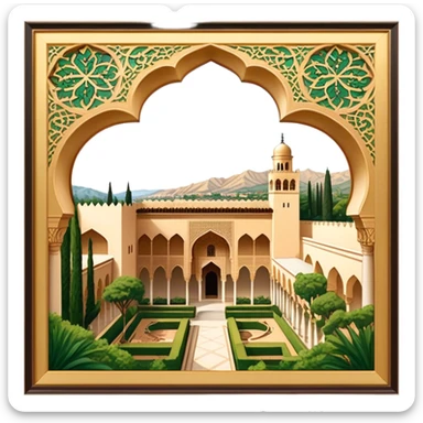 ​Cinematic Realistic Alhambra, depicted as a panoramic, zoomed-out view of the entire majestic Moorish palace complex with intricate arches, expansive courtyards, and lush gardens, bathed in soft golden lighting that highlights its opulent historical beauty, sticker