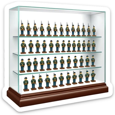 Icon for Miniature Collecting: a collection of finely detailed miniature items such as tiny colorful army of soldiers, figurines and accessories, neatly displayed on a shelf or in a display case. The icon should convey the intricacy and charm of collecting miniature objects. Transparent background. sticker